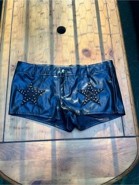 Black Faux Leather Star-Accent Women's Bike Shorts